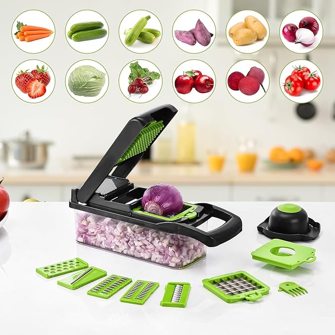 Vegetable Chopper, Food Veggie Chopper, Onion and Vegetable Slicer with Container, Dicer, Kitchen Gadget and Essential (15 in 1, Gray-Green)