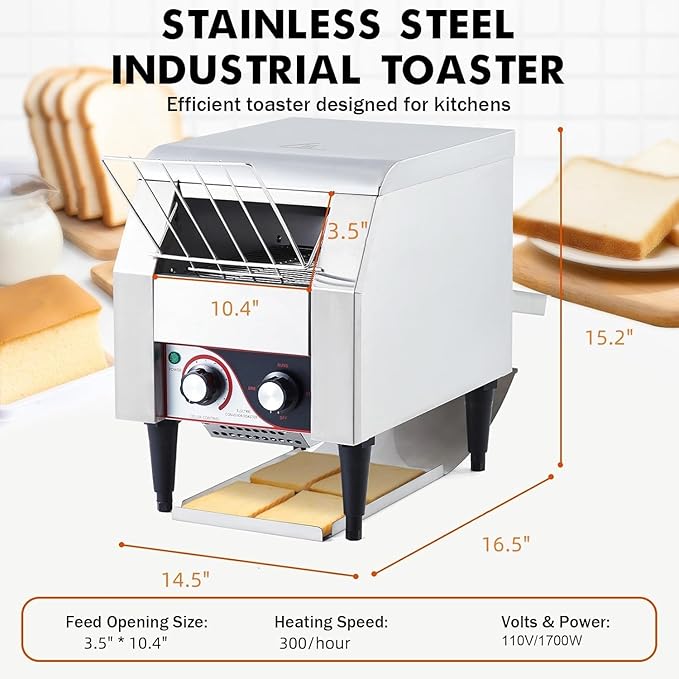 Commercial Conveyor Toaster, 300 Slices/Hour Stainless Steel Toaster Oven with Dual Heating & 7-Speed Belt for Bagels/Buns/Bread in Cafes/Buffets