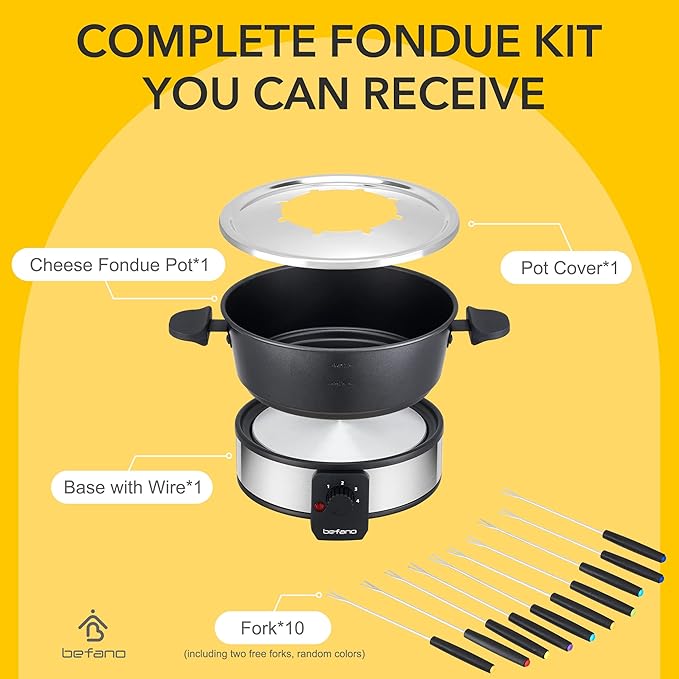 Stainless Steel Fondue Pot with Temperature Control, Forks, Cups, and Rack, 2-Quart, Non-Stick, Perfect for Chocolate, Cheese, Caramel, Marshmallows, Great for Valentine's Day