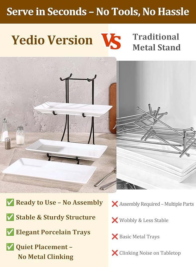 Yedio 3 Tier Serving Tray Set – 12 Inch Porcelain Serving Platters with Pre-Assembled Black Metal Stand, No Installation Required, Tiered Tray for Dessert Fruit Food Display and Party Entertaining