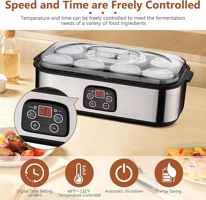 Automatic Yogurt Maker with 8 Jars 1400ml Digital Yogurt Maker Machine Adjustable Temperature 48H Time Control for Fresh Homemade Yogurt Dessert, LED Display Multi-Function Electric Yogurt Machine