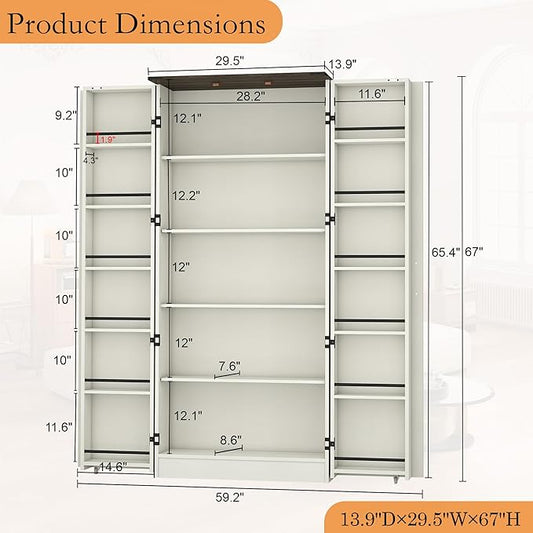 Tall Kitchen Pantry Cabinet: 67" Off White Farmhouse Pantry Cabinet for Kitchen Storage, Large Wood Food Storage Cabinet with Doors, Freestanding Food Cupboard