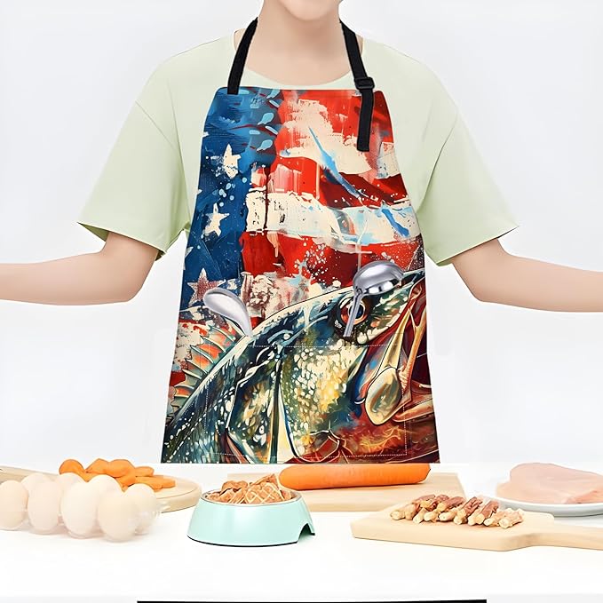 American Flag Fishing Apron,Adjustable Waterproof Oxford Fabric Kitchen Apron with 2 Pockets for Men and Women, Cooking, Baking, BBQ, Coffee Shop, Housewarming Gifts, 28x33 Inches