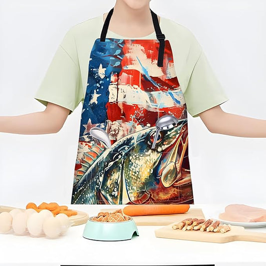 American Flag Fishing Apron,Adjustable Waterproof Oxford Fabric Kitchen Apron with 2 Pockets for Men and Women, Cooking, Baking, BBQ, Coffee Shop, Housewarming Gifts, 28x33 Inches