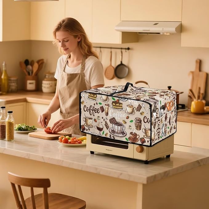Doojoayie Brown Toaster Oven Cover Coffee Print 8 Slice Bread Machine Dust Protector Universal Fit Dust-proof & Stain Resistant Covers for Kitchen Appliance Protection