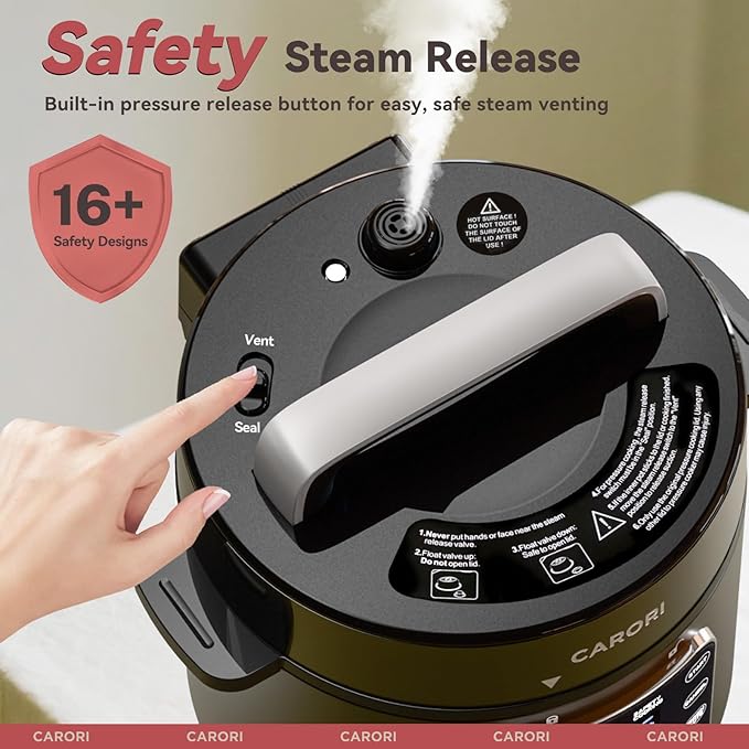 CARORI 9-in-1 Electric Pressure Cooker 6 Qt, Stainless Steel Inner Pot, Programmable 12 Multi-Function Cooker with Safe Vent Design, Rice Cook, Slow Cook, Sauté, Warmer & Sterilizer, Black