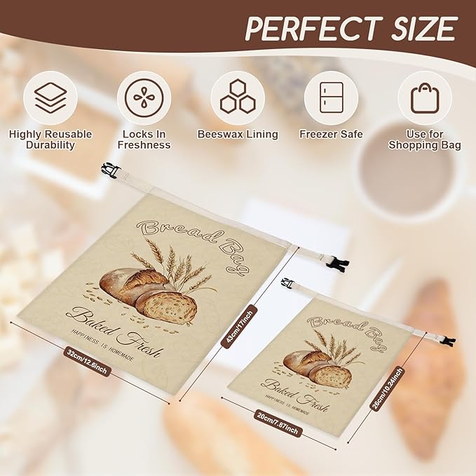 fufeisi Beeswax Bread Bags for Sourdough, 3 Pack Reusable Bread Bag for Storage - XL 17x13 Inch and 10x8 Inch, Large Linen Bags for Homemade Sourdough - Keep Fresh, Freezer Safe