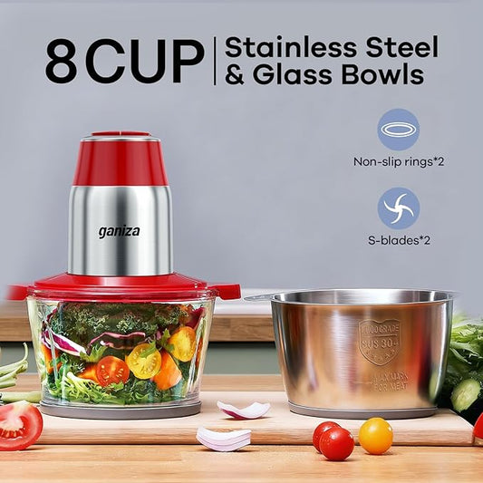 GANIZA Food Processors, Electric Food Chopper with Meat Grinder & Vegetable Chopper - 2 Bowls (8 Cup+8 Cup) with Powerful 450W Copper Motor - Includes 2 Sets of Bi-Level Blades (Red)
