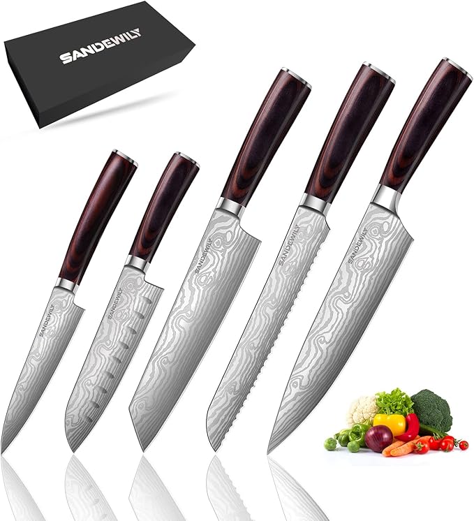 Professional Kitchen Knife Set, 5-Piece High Carbon German Stainless Steel Chef Knives with Sheaths, Ergonomic Pakkawood Handles, Ultra Sharp, Versatile for Home & Restaurant – Premium Gift Box
