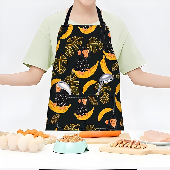 Cartoon Monkey and Banana Apron,Adjustable Waterproof Oxford Fabric Kitchen Apron with 2 Pockets for Men and Women, Cooking, Baking, BBQ, Coffee Shop, Housewarming Gifts, 28x33 Inches