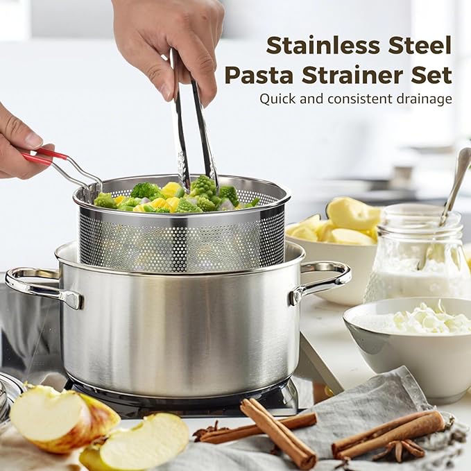 Stainless Steel Pasta Strainer Set with Food Clip, Include 7 in & 6.2 in Deep Fryer Basket, Removable Handle Strainer for Washing Draining Deep-frying Boiling Steaming