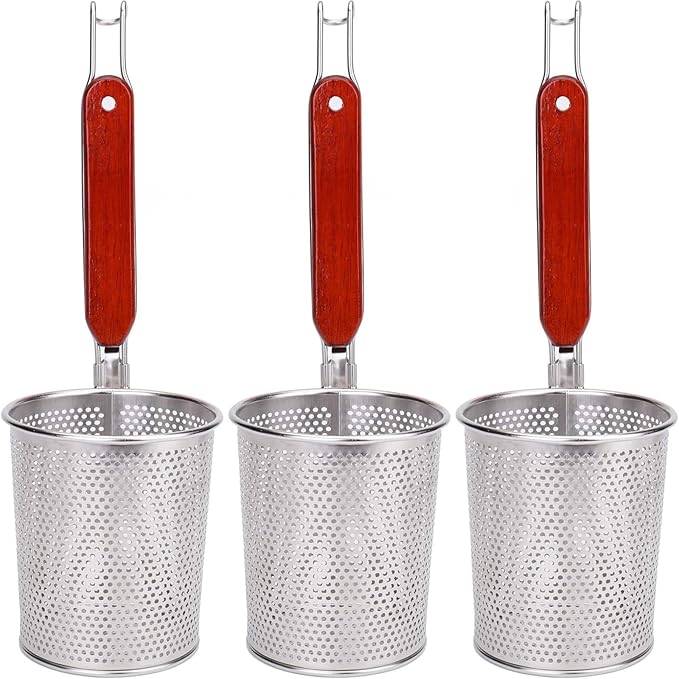 Lawei 3 Packs Mesh Pasta Basket with Wooden Handle Stainless Steel Mesh Spider Strainer for Pasta, Noodles, Dumpling