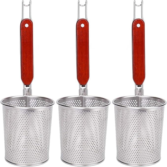 Lawei 3 Packs Mesh Pasta Basket with Wooden Handle Stainless Steel Mesh Spider Strainer for Pasta, Noodles, Dumpling