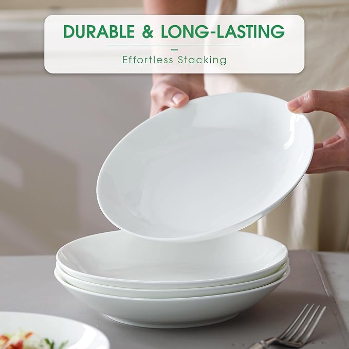 Bone China Pasta Bowls Set of 6, 25.7oz Salad Bowl White Soup Bowls, 8 inch Pasta Bowls Lightweight Wide Shallow Kitchen Plates for Serving Dinner - Microwave Dishwasher Safe, Kitchen Gifts