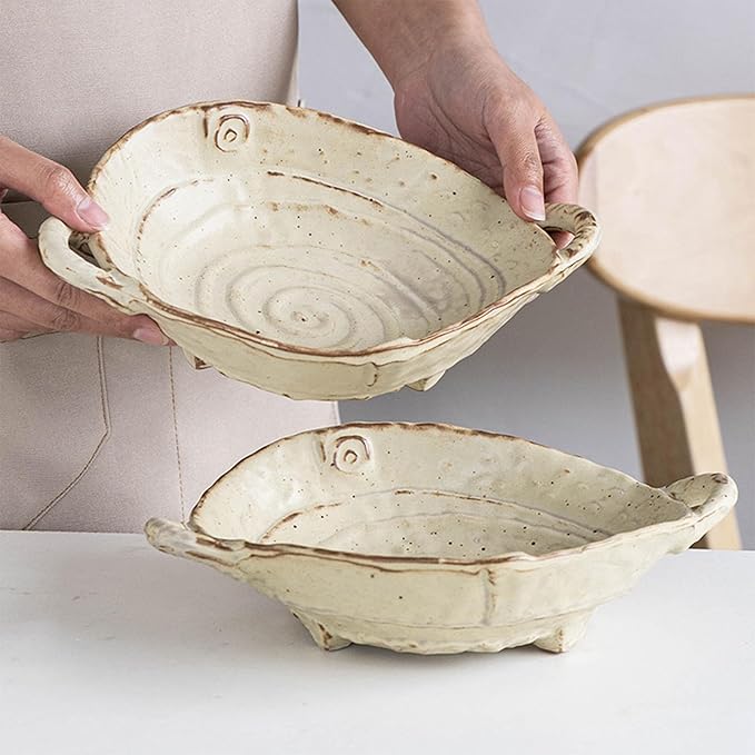 Retro Glazed Ceramic Serving Bowl with Handles Irregular Bowl Opening for Spaghetti,Fruit,Salad,Table Centerpiece Deco