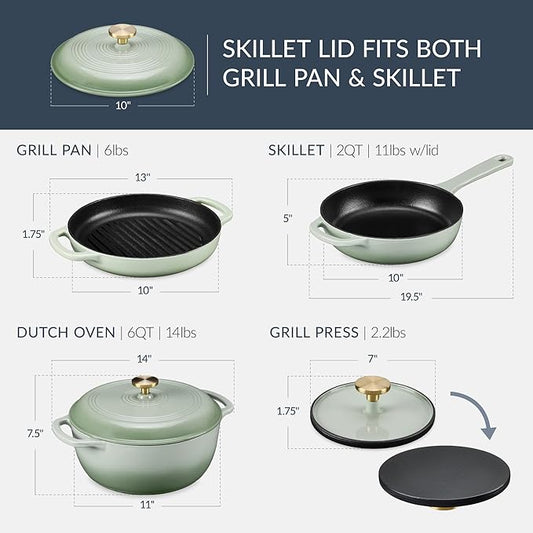 Best Choice Products Non-Stick Pot & Pan Cookware Set, Cast Iron, 2Qt Skillet W/Lid, 10" Grill Or Griddle Pan W/Press, 6Qt Enameled Dutch Oven, Non-toxic, For Cooking & Grilling - Sage