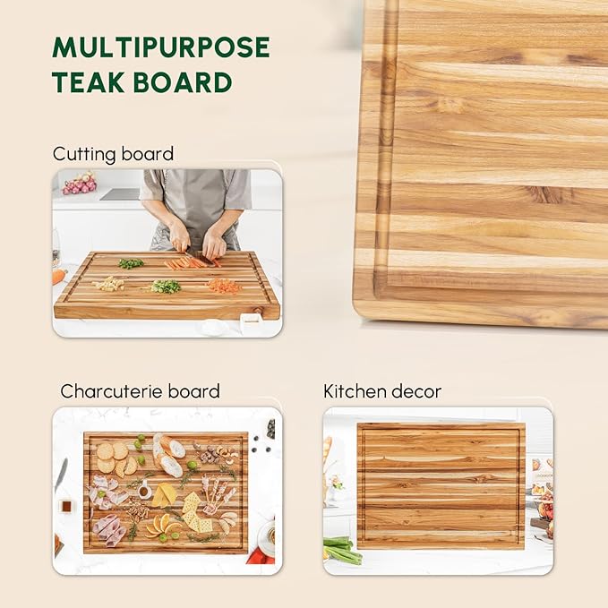 BEEFURNI Teak Wood Cutting Board with Juice Groove Hand Grip (XL, 24x18x1.5"), Extra Large Cutting Boards for Kitchen, Butcher Block, Serving & Charcuterie Board, Christmas Gift Box, 1-year Warranty