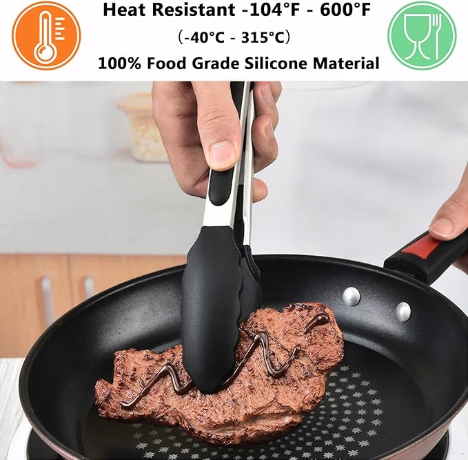 Kitchen Tongs for Cooking with Non-Stick Silicone Tips, 600°F Heat Resistant Silicone Cooking Food Tong Set Heavy Duty Stainless Steel Handle for Baking Grilling BBQ Salad Serving, 9" and 12"