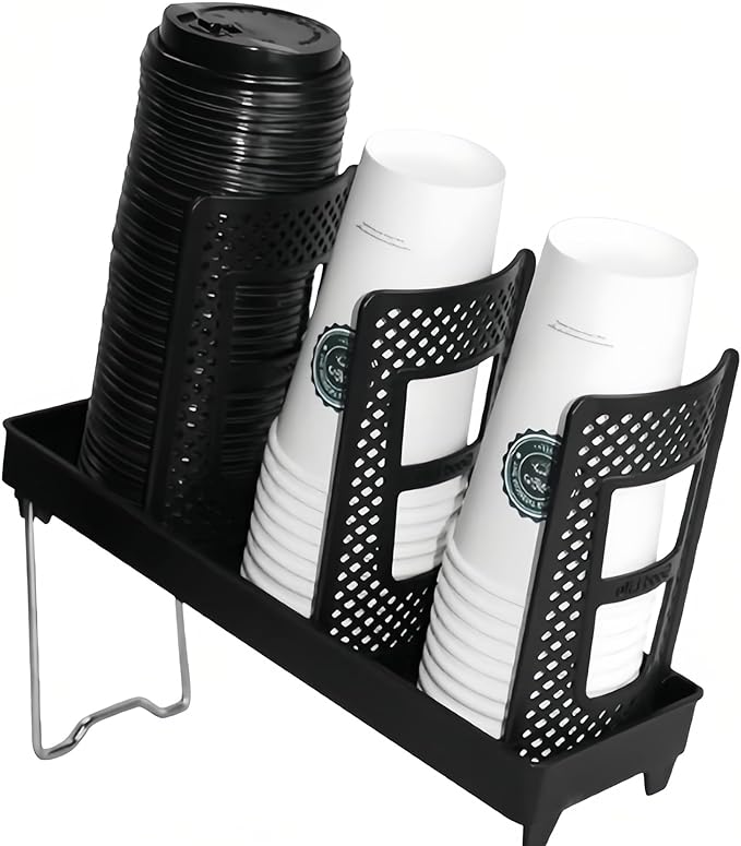 Coffee Cup Holder,Cup Lid Dispenser and Organizer Display Stand,Cup Display Stand on Restaurant,Bathroom,Kitchen,Coffee Shop.Suitable for Cups Ranging from 12 to 32 oz,3Slots