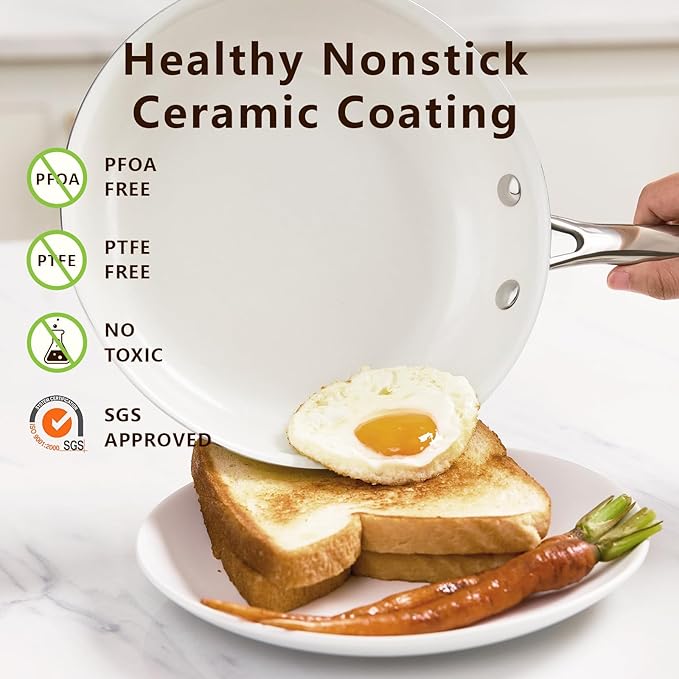 SAKAMOSH 8" Tri-Ply Stainless Steel Frying Pan, Nonstick Ceramic Pan, Skillet with Stay-Cool Handle, Non Toxic, PFAS PFOA PTFE Free, Dishwasher & Oven Safe, Induction, Compatible with All Cooktops