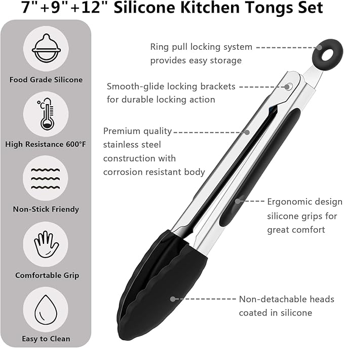Kitchen Silicone Tongs for Cooking with Nonslip Silicone Tips, 600°F Heat Resistant Cooking Food Tong Set Heavy Duty Stainless Steel Handle for Baking Grilling Serving, 3 Pack (7" & 9" & 12")