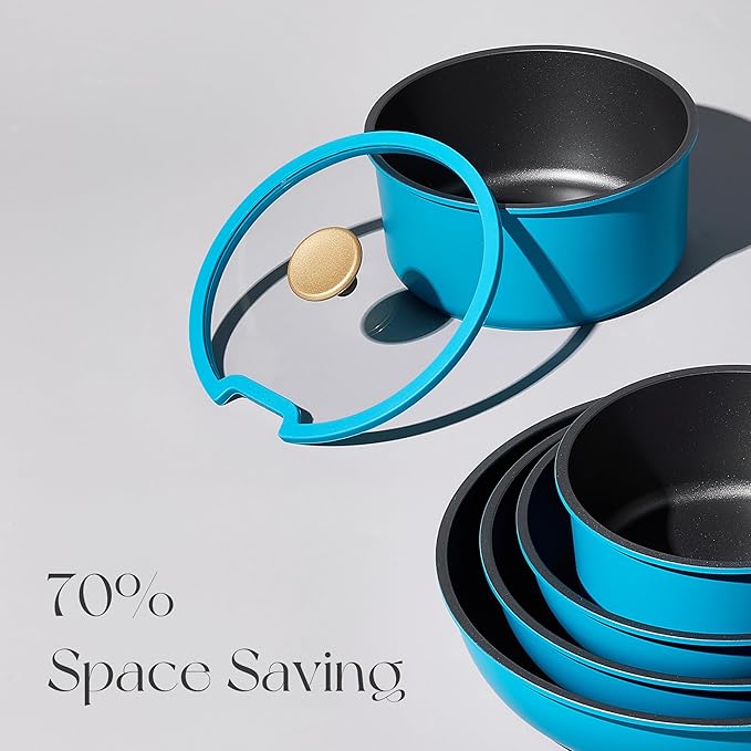 CAROTE 21pcs Pots and Pans Set, Nonstick Cookware Set Detachable Handle, Induction Kitchen Cookware Sets Non Stick with Removable Handle, RV Cookware Set, Peacock Blue
