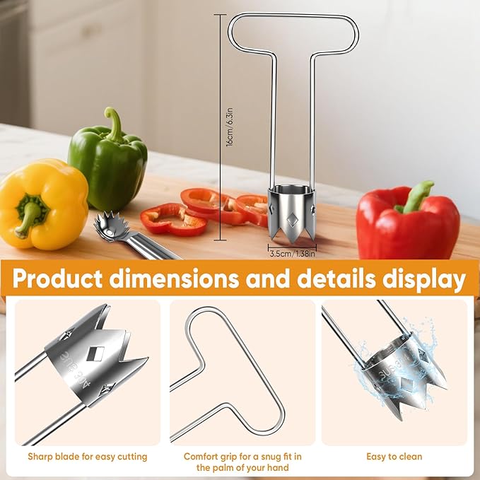Red Bell Pepper Seed Corer - Fruit Vegetable Stem Remover for Pepper Pineapple Pear Apple Tomato, 304 Stainless Steel Rust Resistant, Easy to Use & Clean Kitchen Gadgets Tool (1 Set)