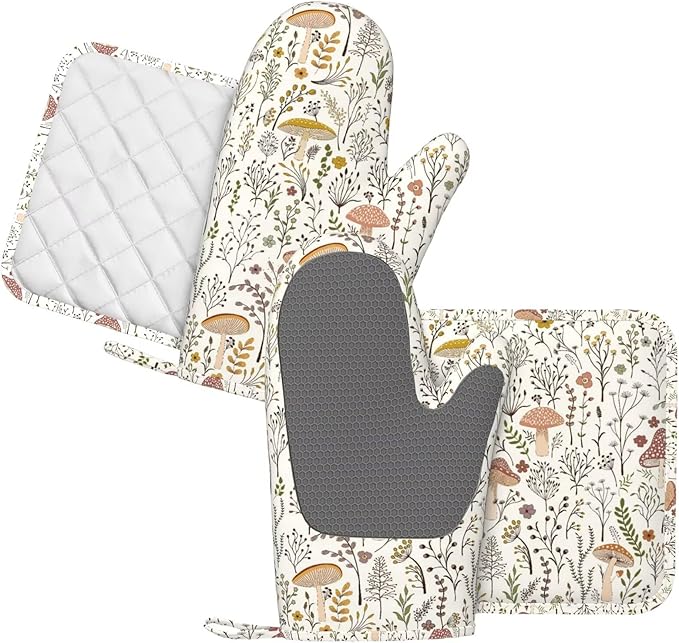 Mushroom Colorful Silicone Oven Mitts and Pot Holders Sets Mushroom Floral Green Leaves Boho Plants Kitchen Mitts Potholder Kitchen Accessories for Cooking Baking BBQ