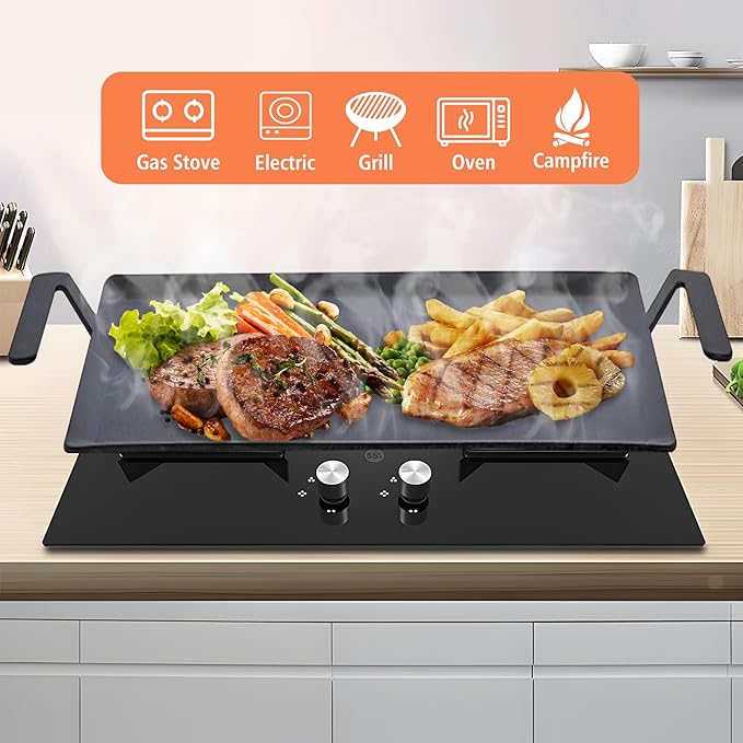 24'' Carbon Steel Griddle for Gas Grill, Double Burner Cooking Griddle Pan for Gas/Stovetop Oven/Induction Cooktop/Charcoal Grill, Professional Pre-seasoned Cookware