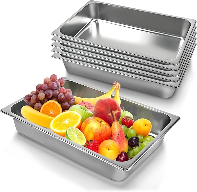 Carivia 6 Pack Hotel Pans, 1/1 Size 4" Deep Stainless Steel Trays for Food, 20.8" L x 13" W Catering Food Pan Commercial Table Pan for Hotel, Restaurant, Buffet, Party Supplies