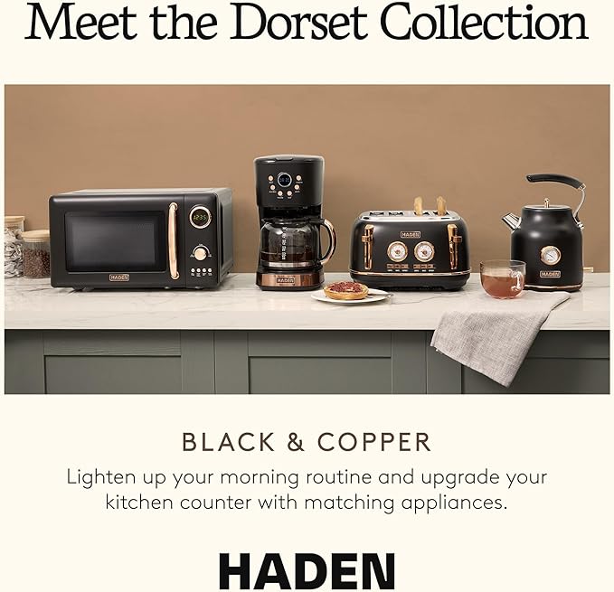 Haden Dorset 2-Slice Wide-Slot Toaster, Stainless-Steel Bread Toaster with Adjustable Browning Control, Crumb Tray & Non-Slip Feet, Black & Copper