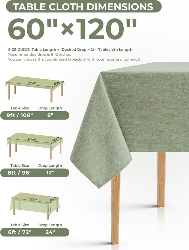 Faux Linen Extra Long Rust Table Cloth Cover for Dining Rectangle Table, Decorative Farmhouse Waterproof Tablecloth for Party,Wedding& Camping(Oblong,60 x 120 Inch (10-12 Seats), Sage Green)