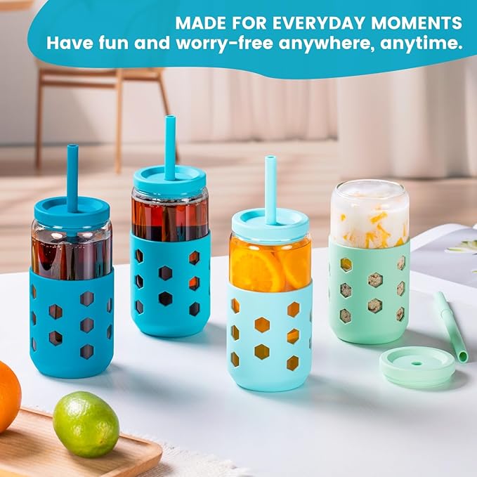 16 oz Glass Cups With Lids and Straws, 4-Pack Iced Coffee Cup - Smoothie Cup With Silicone Lid and Sleeve for Coffee Bar Accessory, Cute Drinking Glasses Set Reusable Glass Tumbler for Gifts