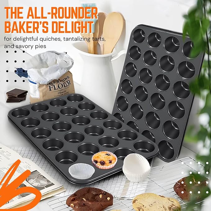Flexzion Muffin Tray Cupcake Baking Pan 2 Pack, 24-Cup Nonstick Carbon Steel Muffin Tins Non-Stick Cupcake Tin Bakeware Accessories for Baking Cupcakes Muffin Brownies Snacks, Easy Clean, Fridge Safe