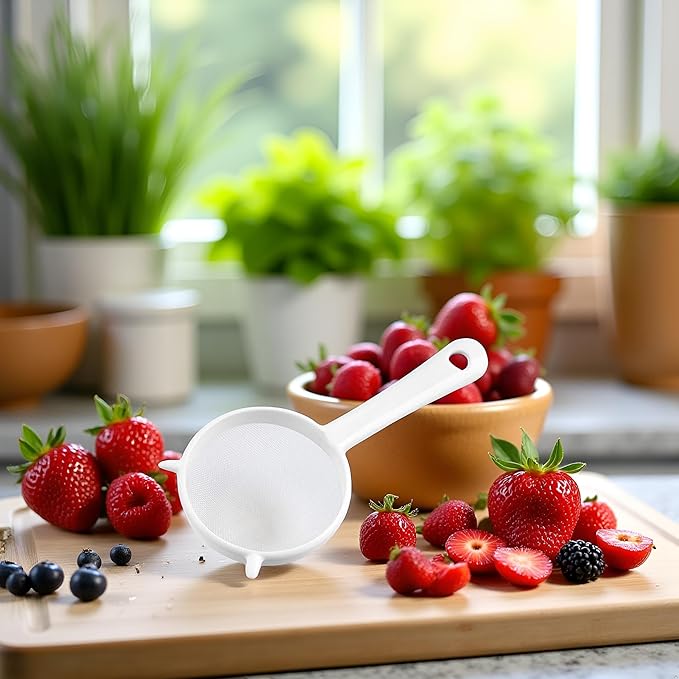 White Mesh Kitchen Sifter, Plastic Mesh Strainers Sieve, Colanders and Sieve with Handle for Tea Pasta Flour Rice Fruits Vegetable, Food Strainers