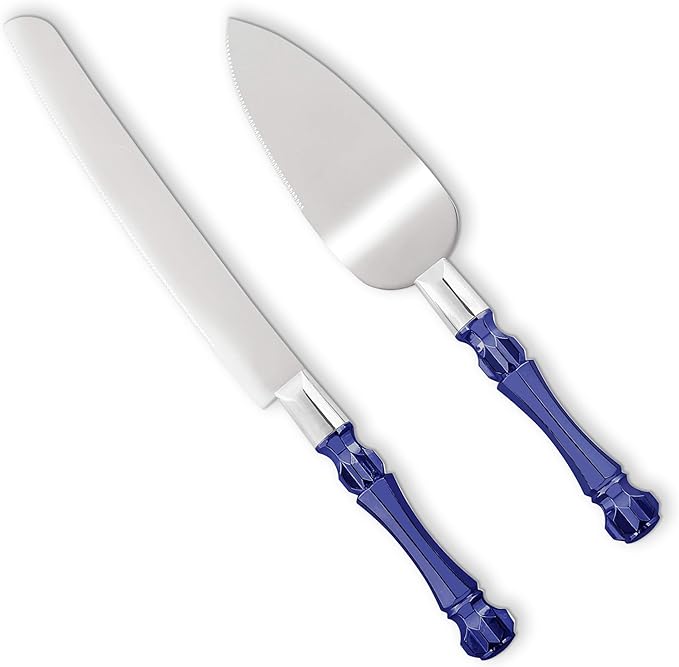 Cake Knife and Server Set, Cake Cutter and Pie Spatula, Cake Server and Knife Set with Acrylic Crystal Handles, Cake Cutting Set for Wedding Cake – 1.2mm Thick Blades, Birthdays, and Parties (Blue)