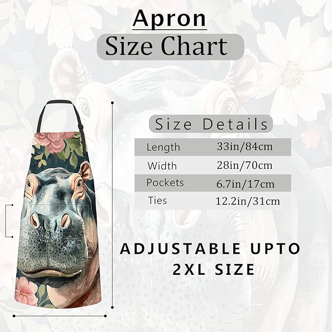 Hippo Apron Surrounded by Soft Pink Flowers Aprons Waterproof Oxford Polyester Adjustable Pockets Design for Cooking, Crafting, Garden Decor, Gifts for Adults, 28x33 Inch