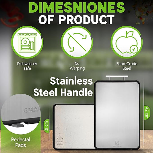 SMARTHAVEN Titanium Coated Stainless Steel Cutting Board, Professional Double-Sided Chopping Board with Wheat Straw PP, Food Grade, 42x31cm