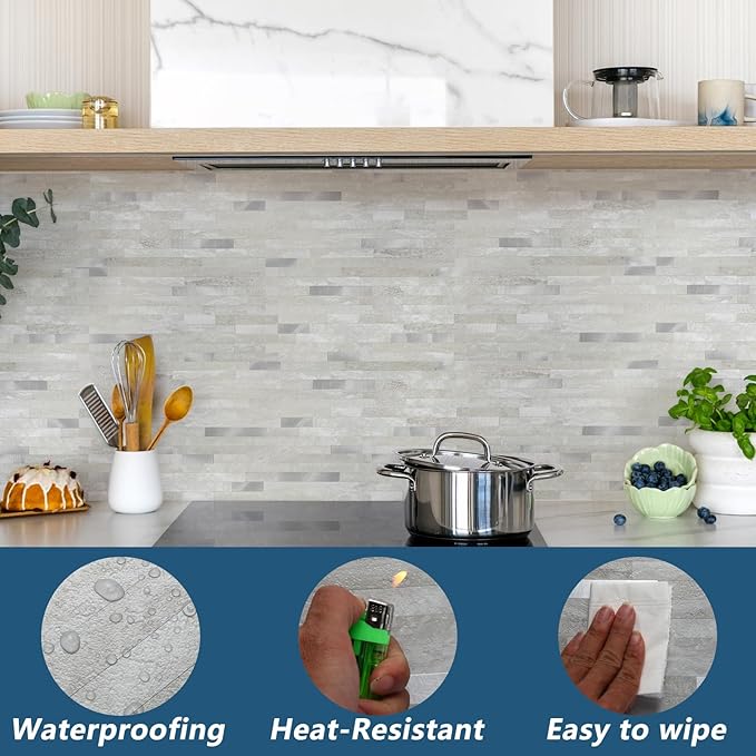 Yipscazo 2 Sheets Peel and Stick Stone Metal Backsplash, PVC Wall Tiles Stick on Tiles for Backsplash Kitchen, Bathroom, Laundry Room, Camper, Fireplace (6'' X 12'', Gray Beige)
