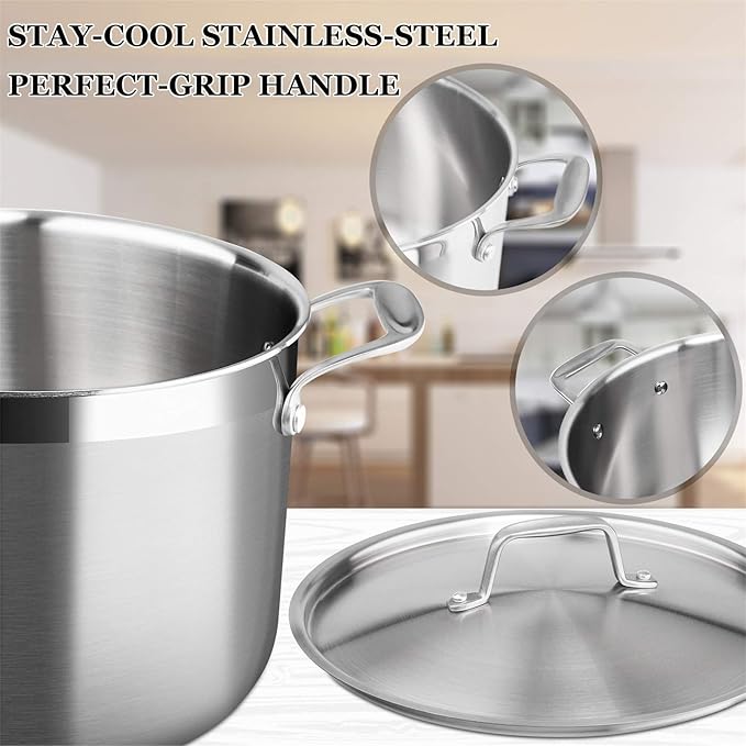 Duxtop Whole-Clad Tri-Ply Stainless Steel Stockpot with Lid, 8 Quart, Kitchen Induction Cookware