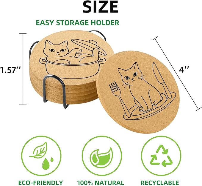 Coasters for Drinks with Holder Set of 6, Cat Cork Coaster Absorbent for Office Desk Cup Table Coasters Kitchen Decor House Warming Gifts for New Home, Round 4"
