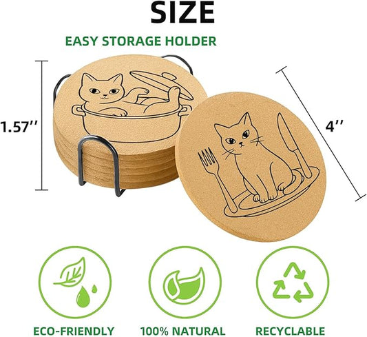 Coasters for Drinks with Holder Set of 6, Cat Cork Coaster Absorbent for Office Desk Cup Table Coasters Kitchen Decor House Warming Gifts for New Home, Round 4"