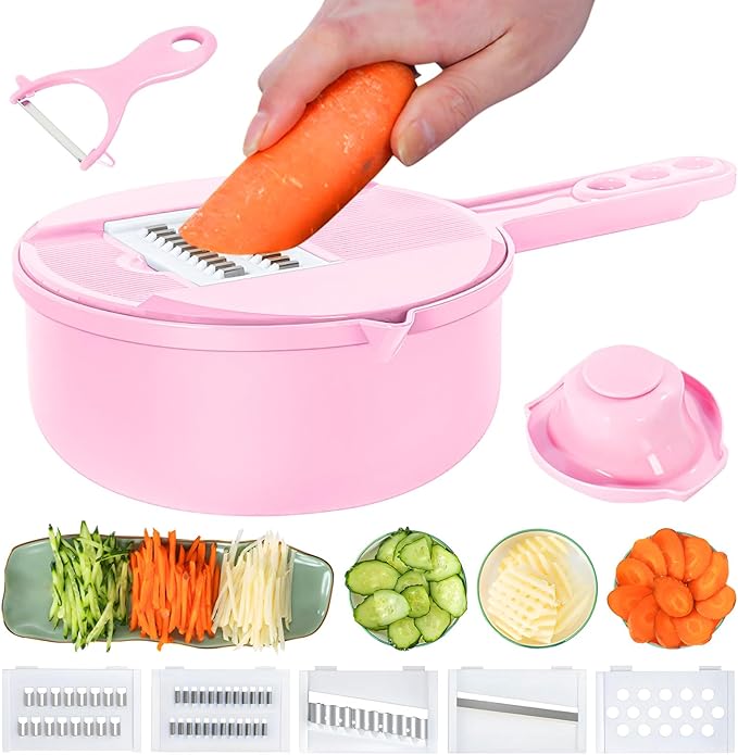 Mandoline Food Slicer, Multifunctional Vegetable Slicer Cutter with Hand Protector, Vegetable Shredder for Potato, Tomato, Carrot (Pink-7 in 1)