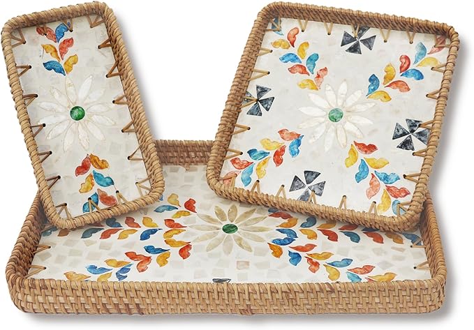 Rattan Serving Tray with Mother of Pearl Inlay,Set of 3 Wicker Serving Tray Boho,Hand-Woven from Natural Rattan, Serving Baskets for Home Decor and Coffee Table Decor (Boho Mosaic Bloom)