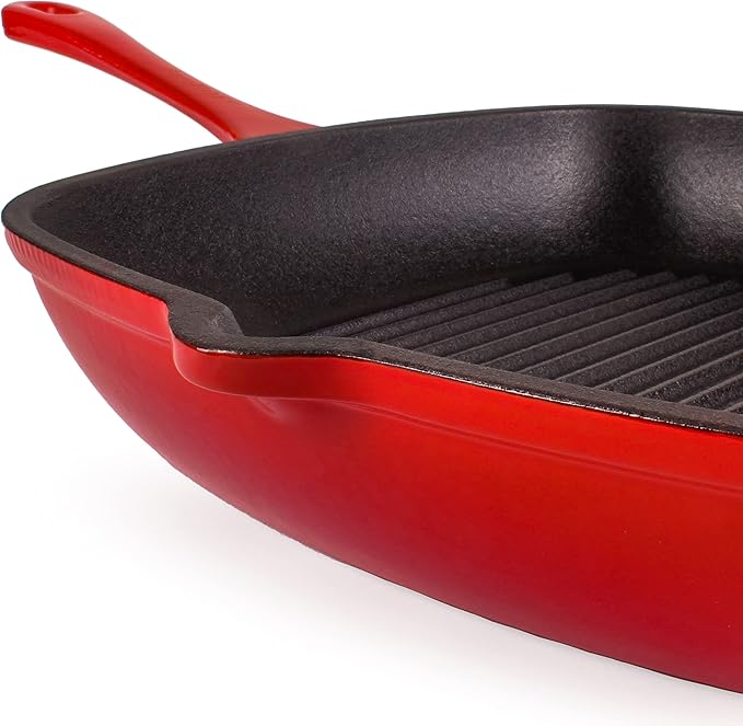 Berghoff Neo 2Pc Enameled Cast Iron Grill Set, Grill Pan 11 inches, Bacon/Steak Press 8 inches, Fast, Evenly Heat, Oven safe (Red)