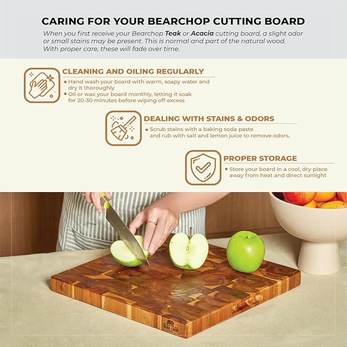 Bearchop Teak Cutting Boards for Kitchen, [17" x 13" x 1.5"] Medium End Grain Cutting Boards, Solid Teak Wood Butcher Block Cutting Board with Juice Grooves and Handle, Knife Friendly and Reversible