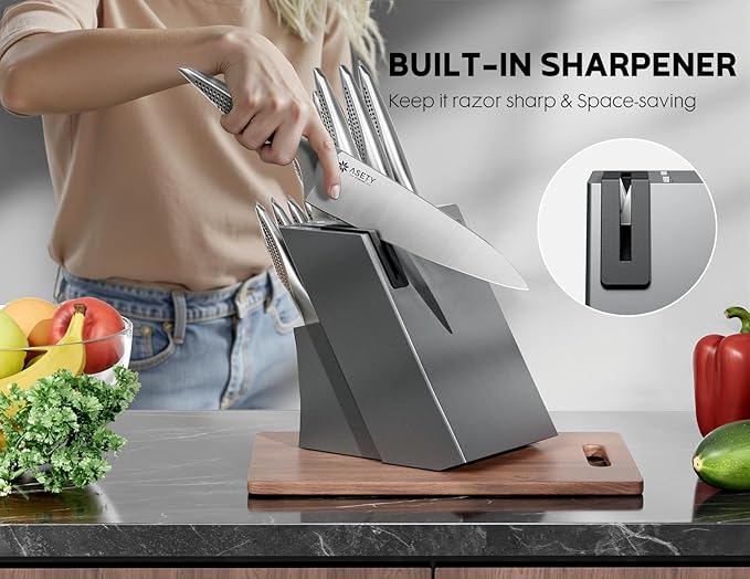 Knife Set - Ultra Sharp Knives Set for Kitchen with block, 15 PCS Stainless Steel Knife Set with Built-in Sharpener, Ergonomic Non-Slip Handle, Christmas Elegant Box for Men Women, Steel Grey