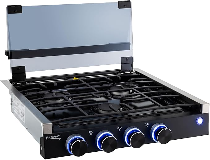 RecPro RV Built In Gas Cooktop | 2 Burner or 3 Burner | RV Cooktop Stove | 6,500 and 8,000 BTU Burners | Cover Included (Black, 3-Burner)