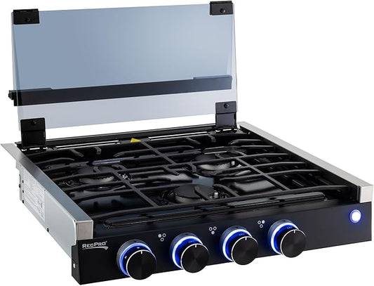 RecPro RV Built In Gas Cooktop | 2 Burner or 3 Burner | RV Cooktop Stove | 6,500 and 8,000 BTU Burners | Cover Included (Black, 3-Burner)