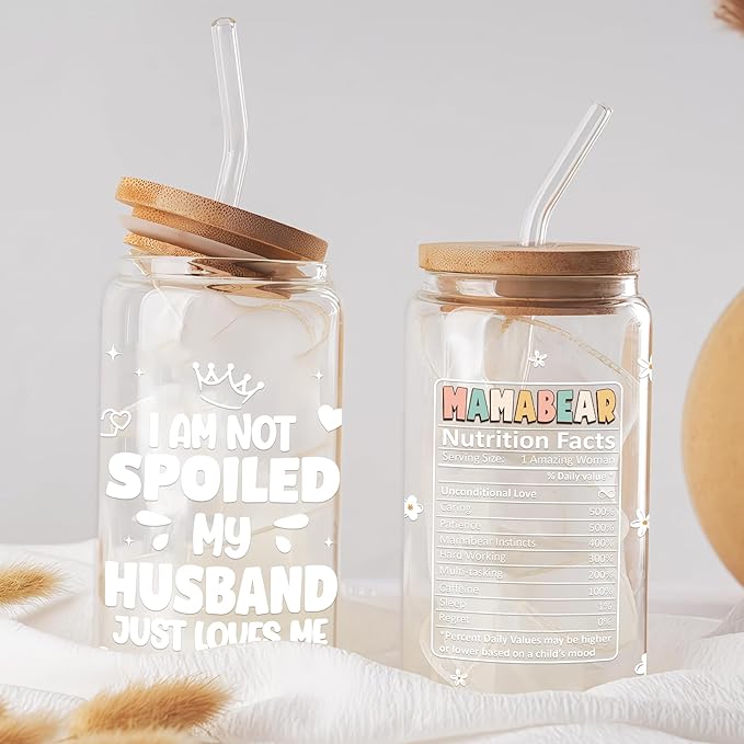 Gifts for Mom - Mama Bear 16 Oz Iced Coffee Cup with Lid and Straw Mom Glass Tumbler Mothers Day Travel Mugs Birthday Valentine Anniversary Christmas Thank You Gift for Women Mum Wife Coworkers